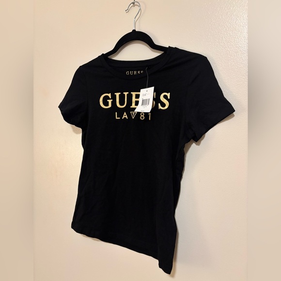 NWT GUESS Babydoll Tee Size Small Gold Metallic Letters on Black - Picture 2 of 5